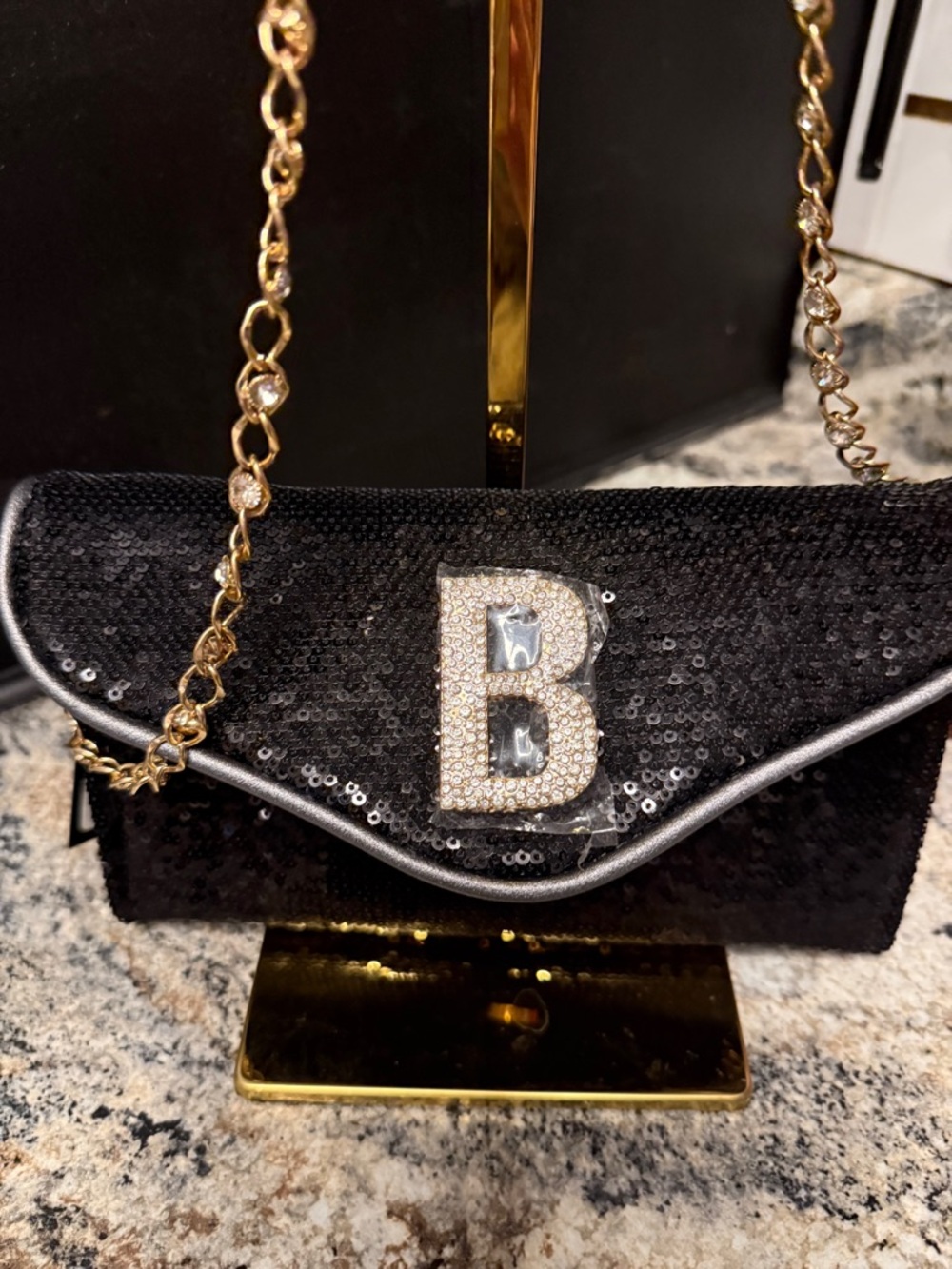 Bebe Black  Sequin Evening Crossbody Bag with Crystal 'B' Accent